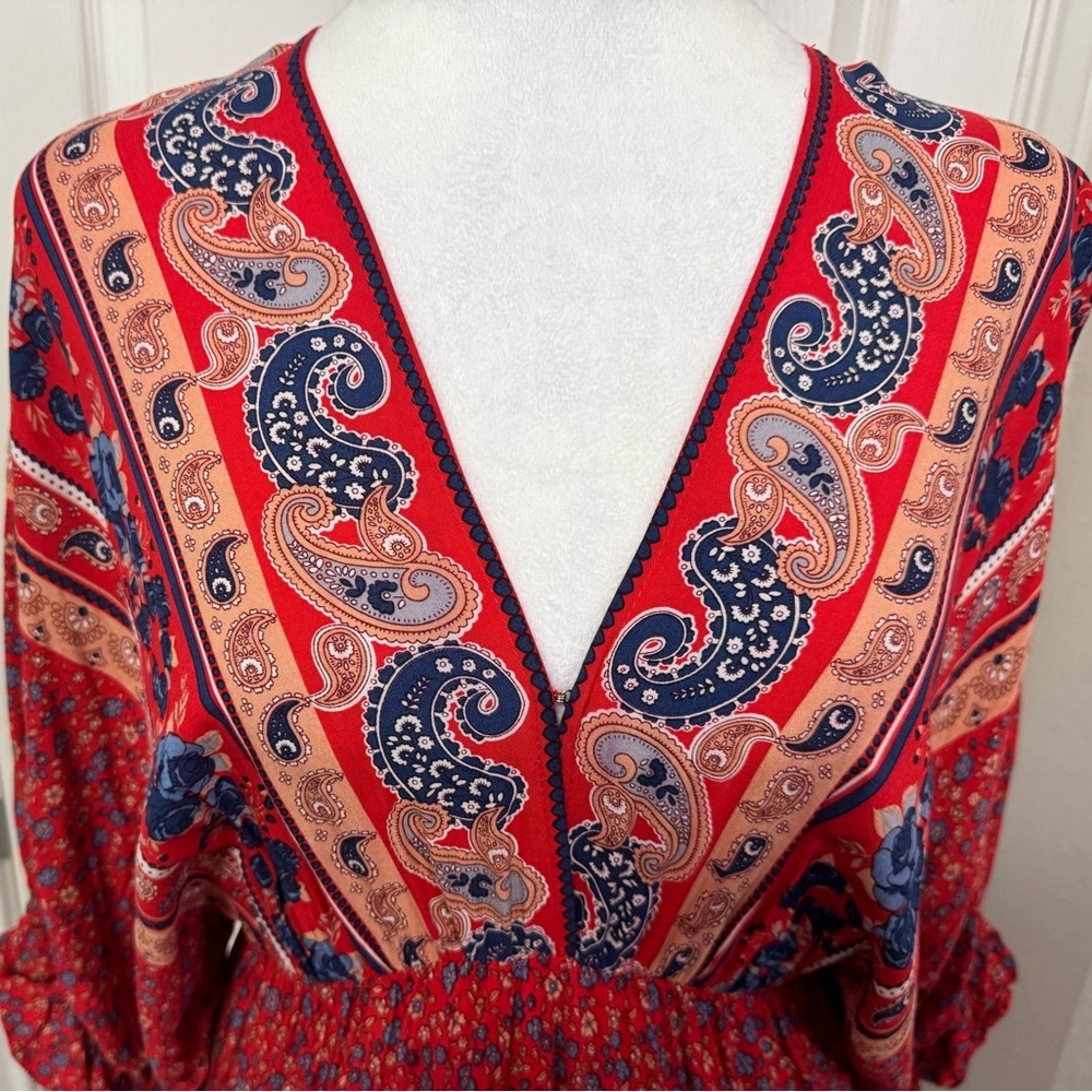 Umgee Red Boho Peasant High Low Back Tie Midi Dress Women's Size S - Picture 8 of 10